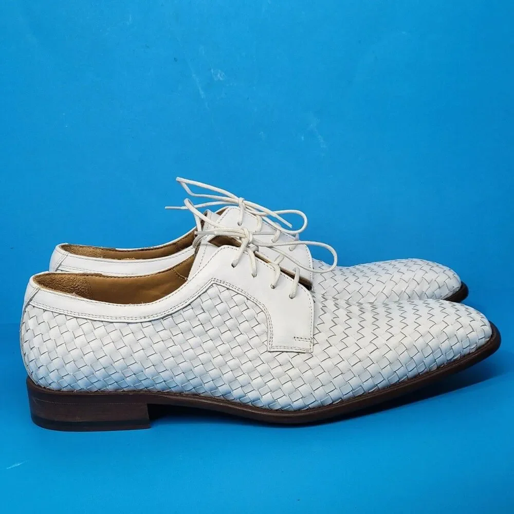 Paul Fredrick FPK 115D Mens White Leather Woven Derbys US 10 M Made In Italy EUC